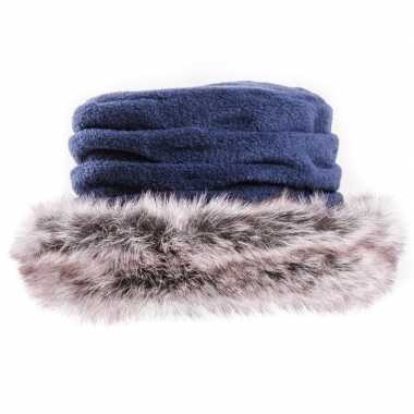 Fleece dames muts/hoed met nepbont blauw voor dames