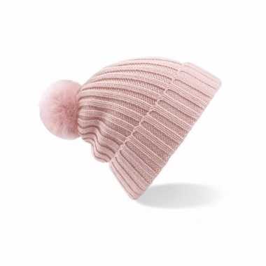 Grof gebreide winter dames muts lichtroz voor dames