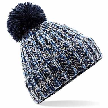 Grof gebreide winter dames muts navy twist voor volwassenen