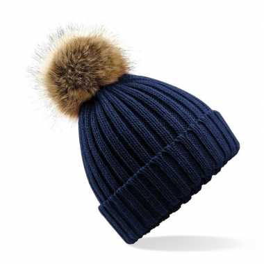 Winter dames muts met pompon navy