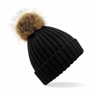 Winter dames muts met pompon zwart