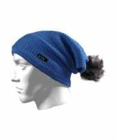 Winter dames muts blauw met bolletje