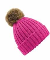 Winter dames muts met pompon roze